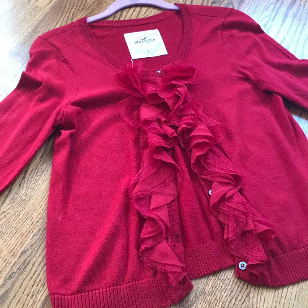 Red, ruffled Hollister cardigan